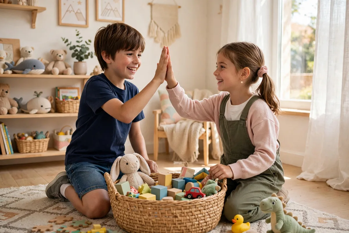 Brother and sister high-fiving while cleaning up toys together