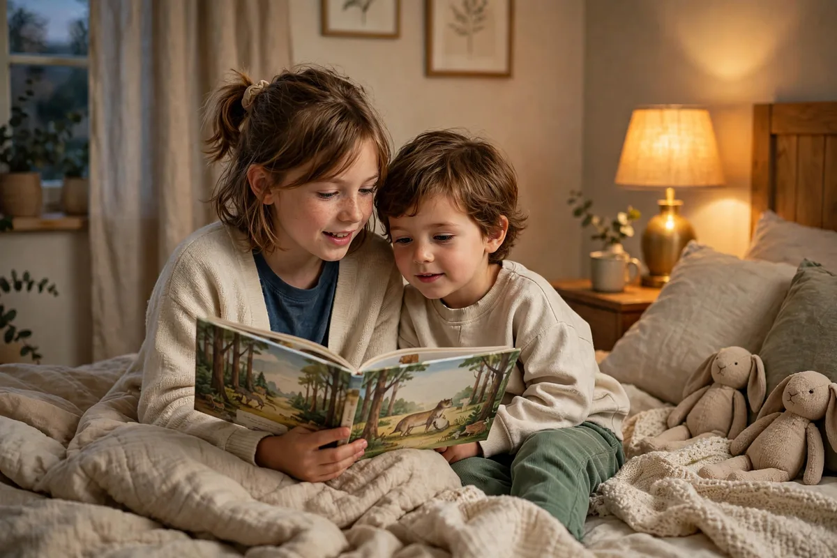 Older sibling reading a book to younger sibling on a bed