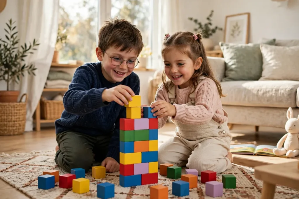 Two young siblings building a block tower together in a bright living room