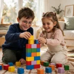 Two young siblings building a block tower together in a bright living room