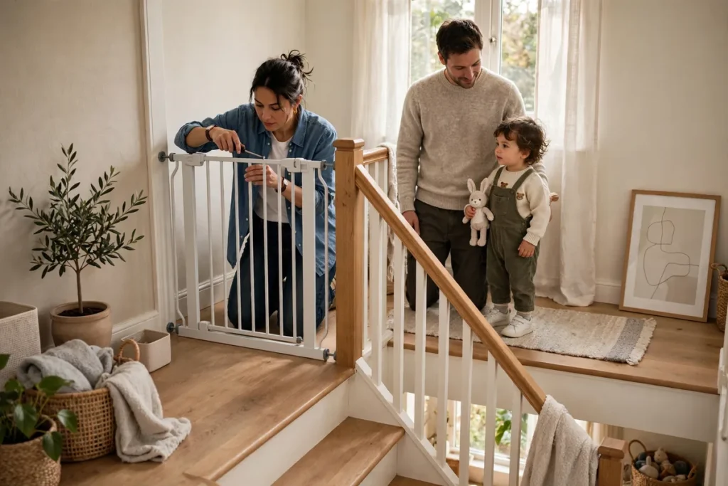 Parent installing a safety gate at the top of a staircase to childproof the home