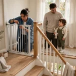 Parent installing a safety gate at the top of a staircase to childproof the home
