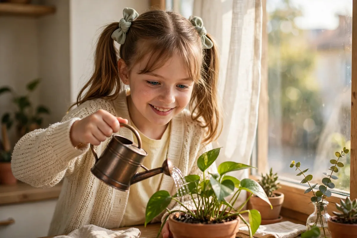 Young girl watering houseplants with a small watering can