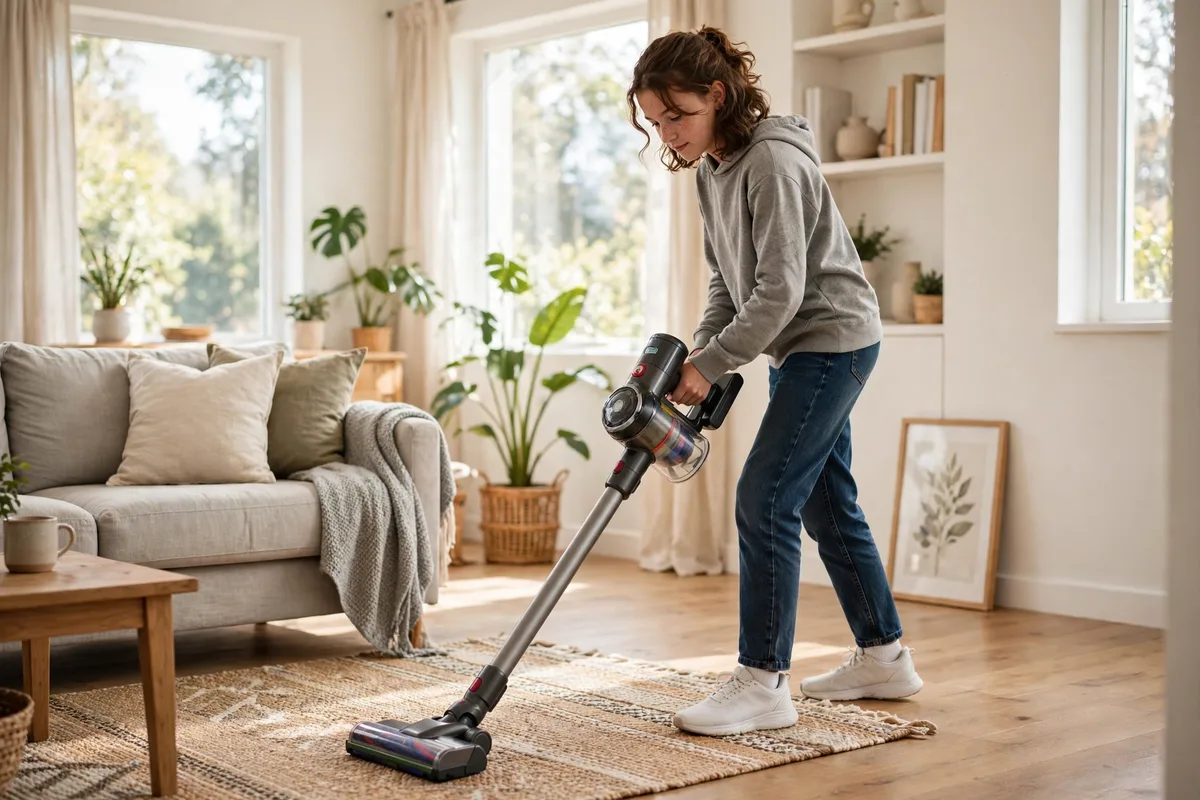 Teenager vacuuming a living room rug