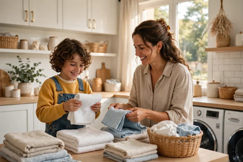 Child folding laundry with a parent in a bright laundry room