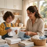 Child folding laundry with a parent in a bright laundry room