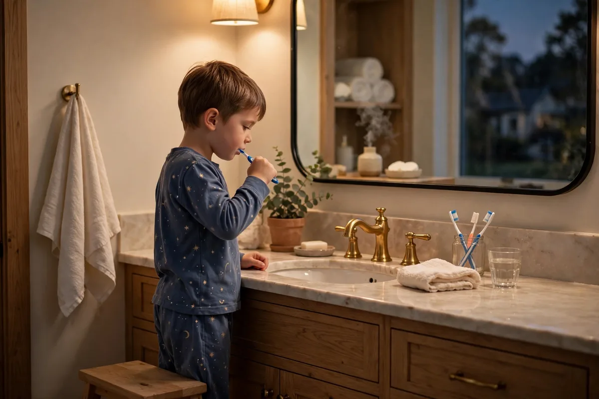 Child brushing teeth in pajamas during a calm evening bedtime routine