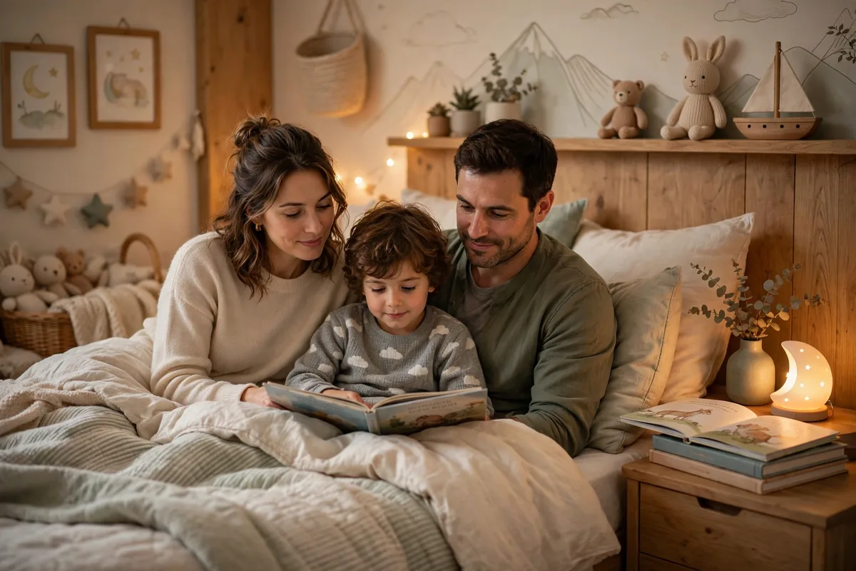 Family sharing a quiet bedtime moment with books and a nightlight