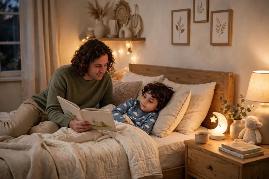 Parent reading a bedtime story to a child in a softly lit cozy bedroom