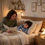 Parent reading a bedtime story to a child in a softly lit cozy bedroom