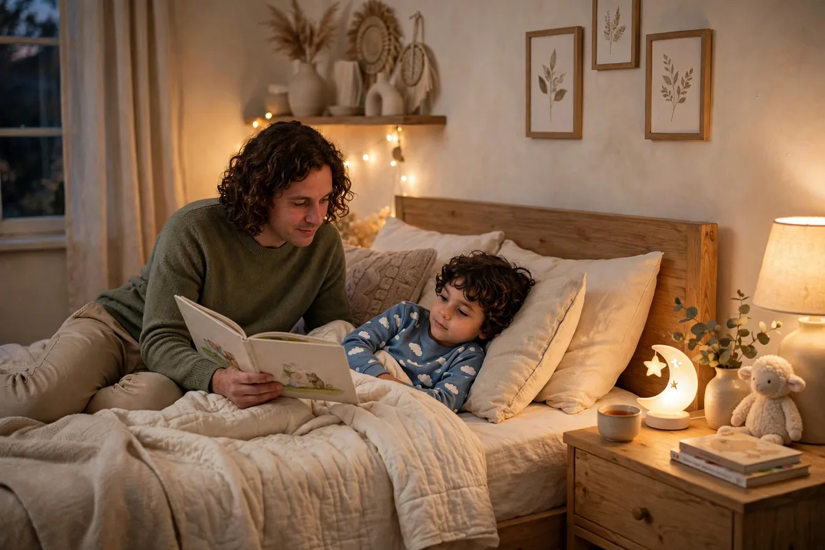 Parent reading a bedtime story to a child in a softly lit cozy bedroom