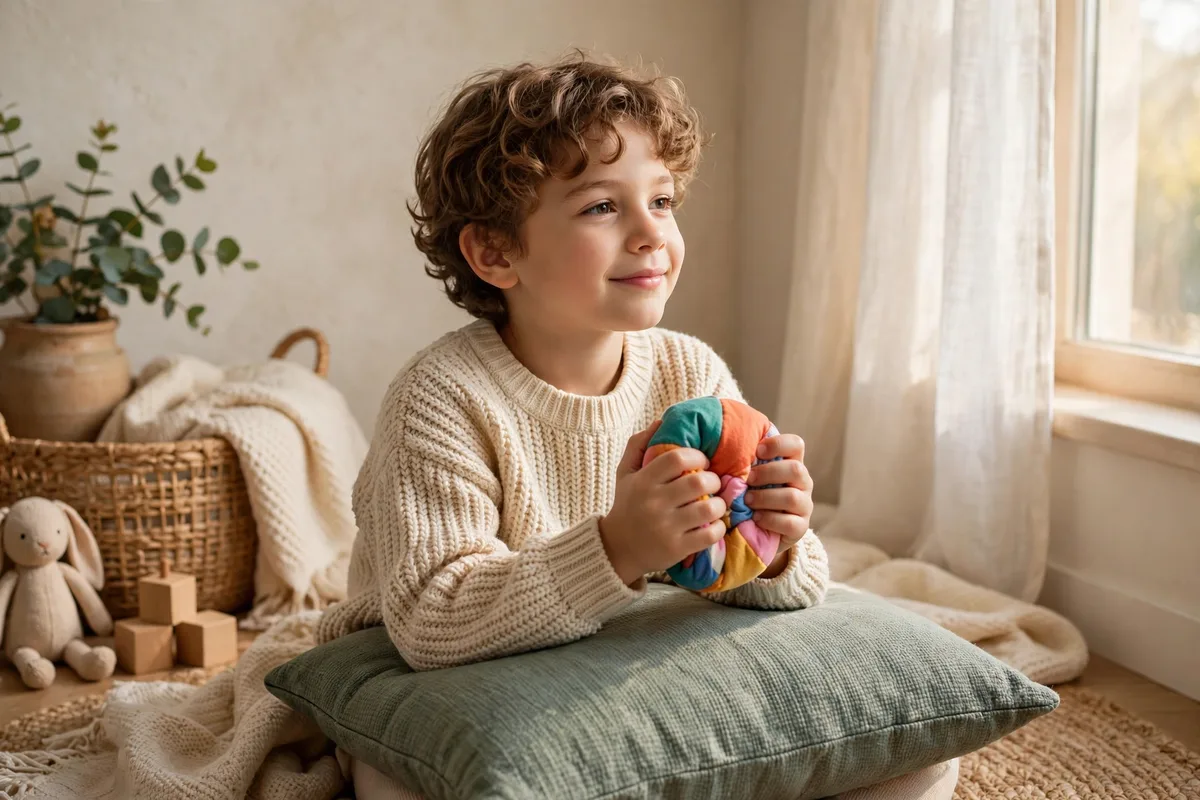 Child squeezing a stress ball while sitting in a calm-down corner
