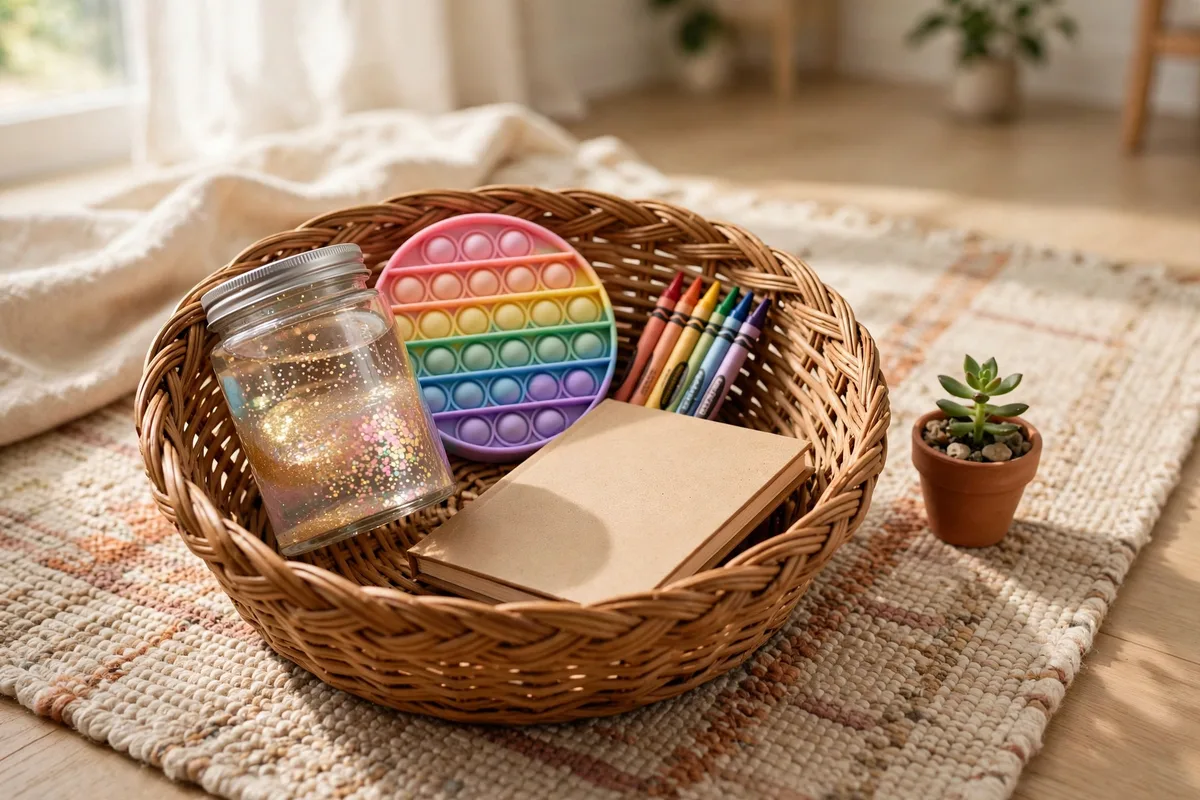 Close-up of a calm-down kit basket with fidget tools and a feelings chart
