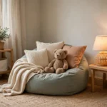 Cozy kids calm-down corner with beanbag, cushions, and soft toys in a quiet room corner