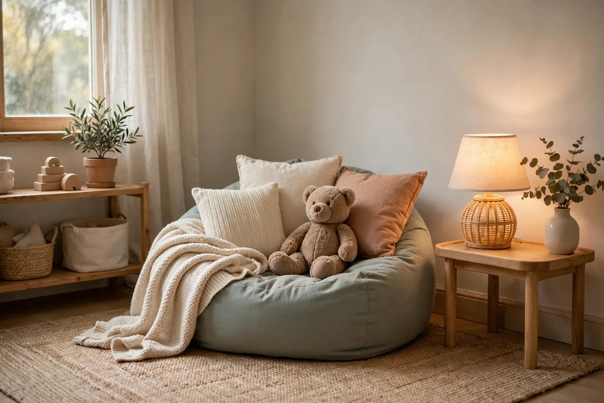 Cozy kids calm-down corner with beanbag, cushions, and soft toys in a quiet room corner