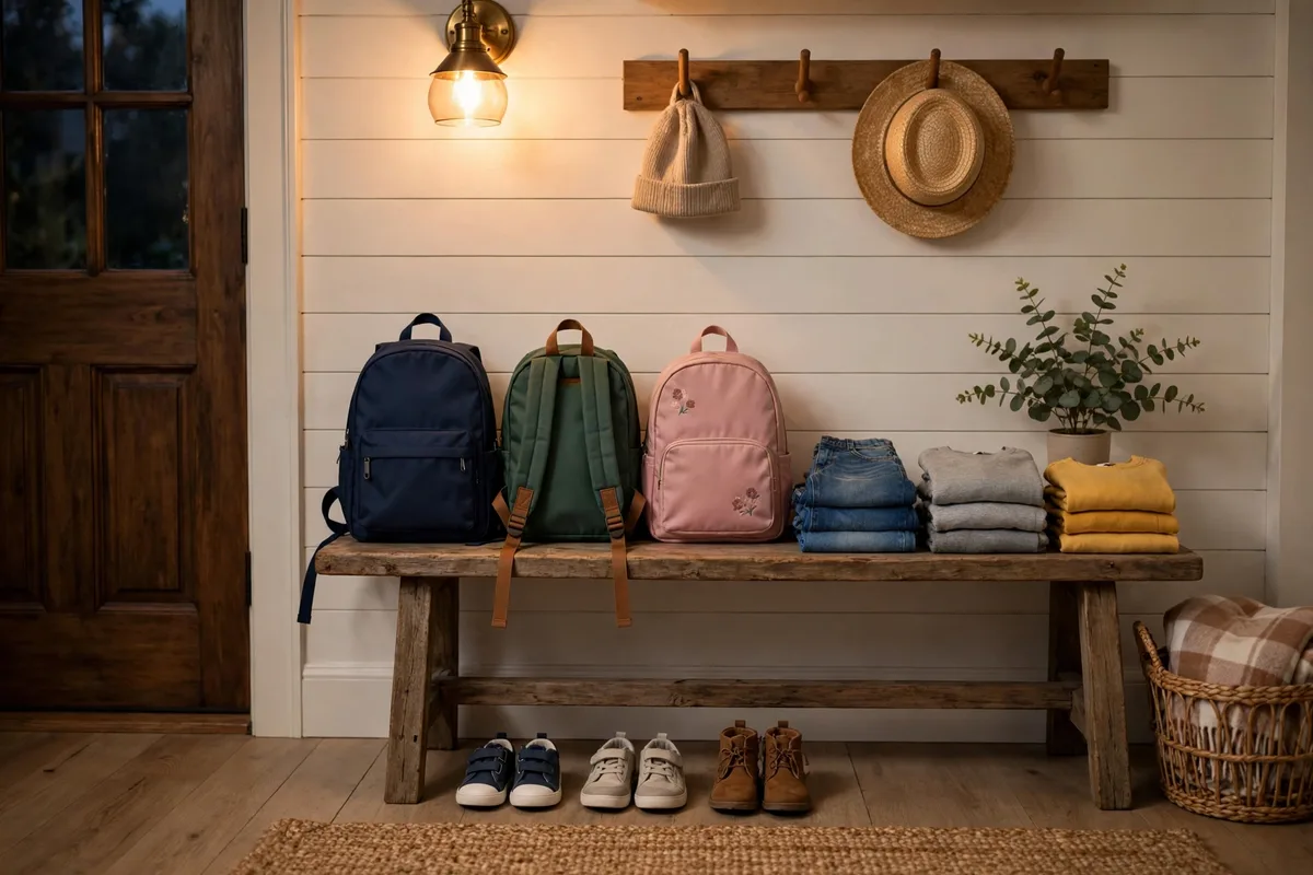 Backpacks, shoes, and folded clothes organized neatly on a bench by the front door the night before school