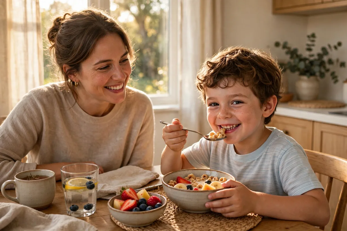 Smiling young child eating breakfast at a sunny kitchen table on a calm family morning