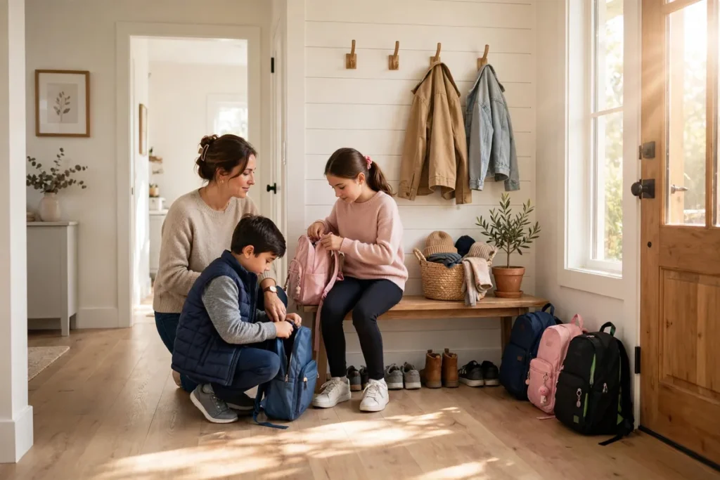 A parent and two children calmly getting ready in a bright, tidy hallway with backpacks lined up by the door
