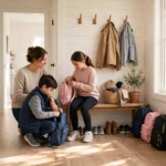 A parent and two children calmly getting ready in a bright, tidy hallway with backpacks lined up by the door