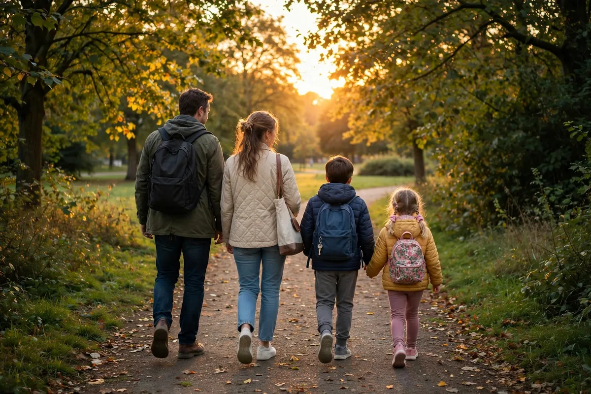 Family on an evening walk together along a park path at sunset