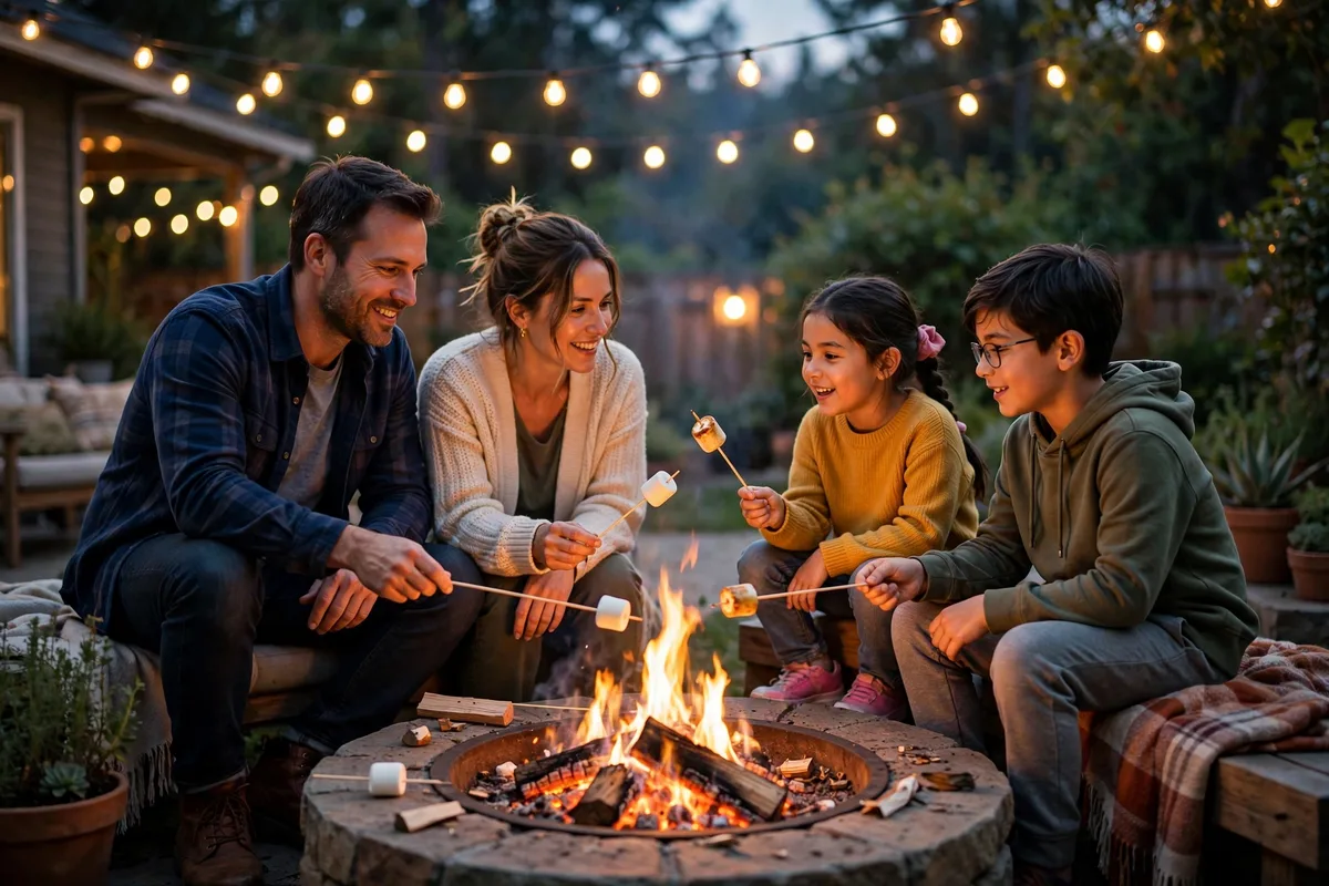 Family toasting marshmallows around a backyard fire pit at night