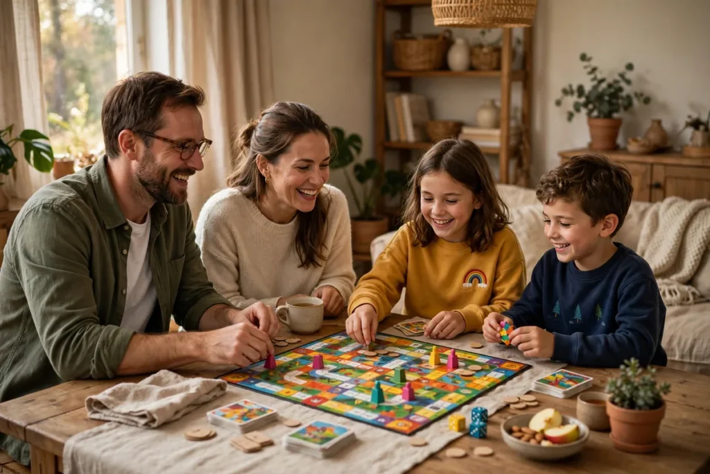 Family playing a board game together at a table with no phones visible