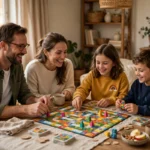 Family playing a board game together at a table with no phones visible