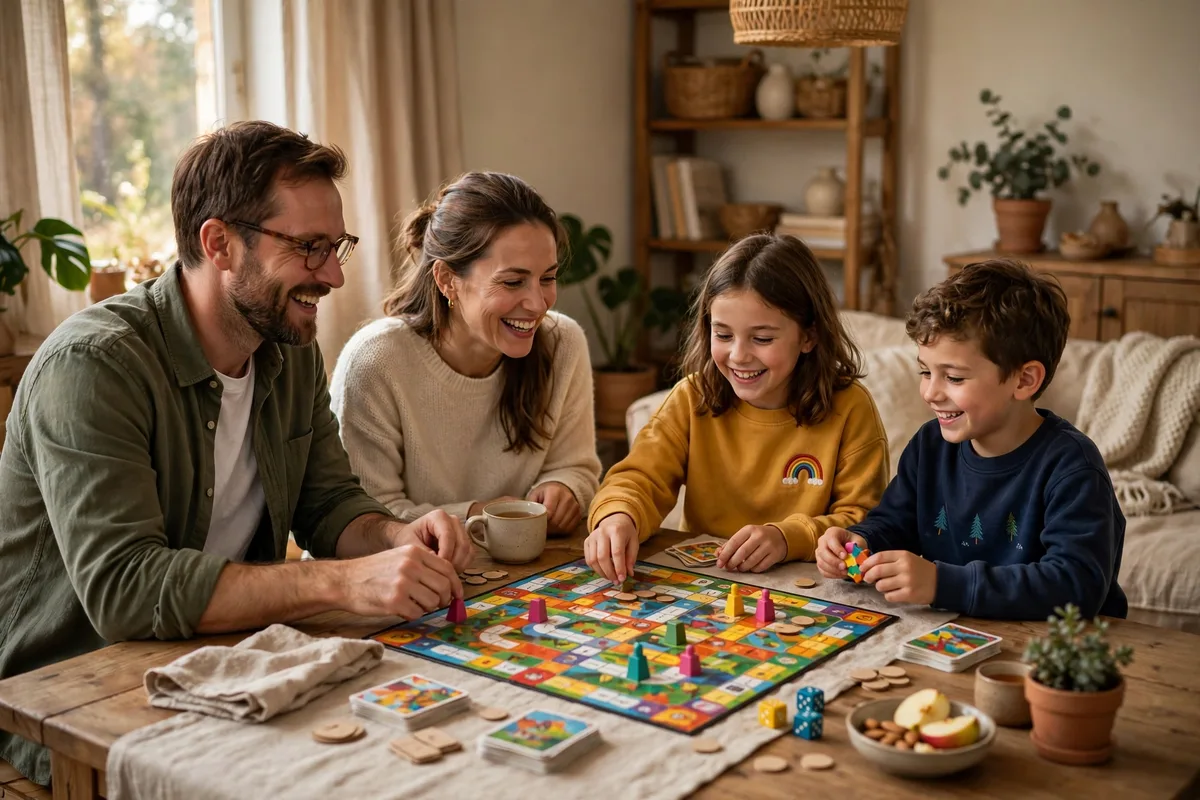 Family playing a board game together at a table with no phones visible
