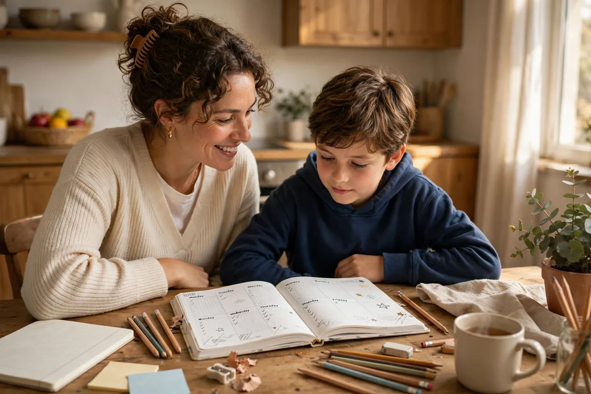 Parent guiding a child with a homework planner and checklist at the table