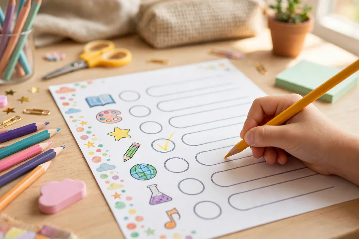 Child checking off completed tasks on a colorful homework checklist