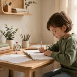 Child doing homework independently at a tidy desk with a timer nearby