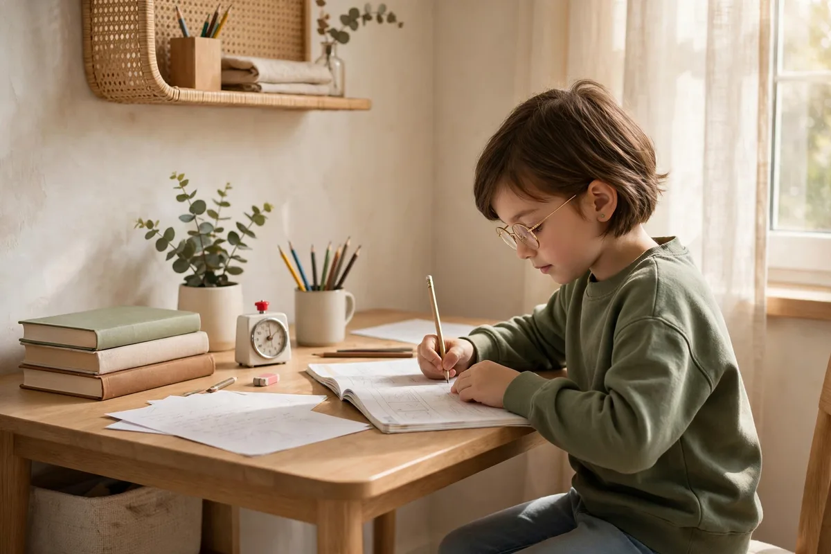 Child doing homework independently at a tidy desk with a timer nearby