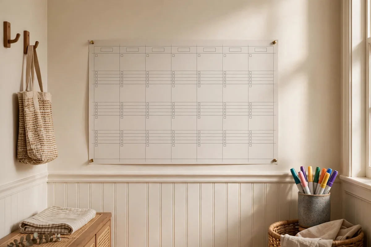 Weekly family calendar and schedule chart pinned on a home wall