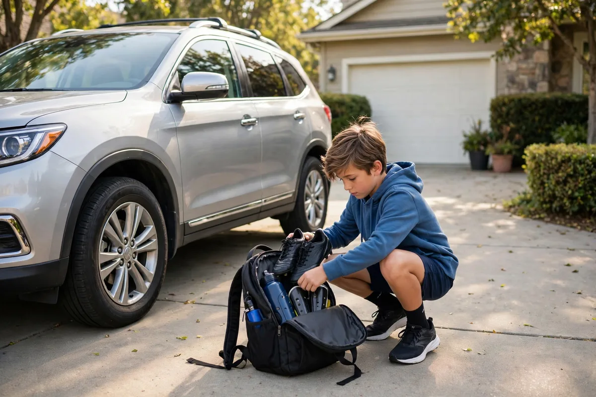 Child packing a backpack for soccer practice beside a family car at home