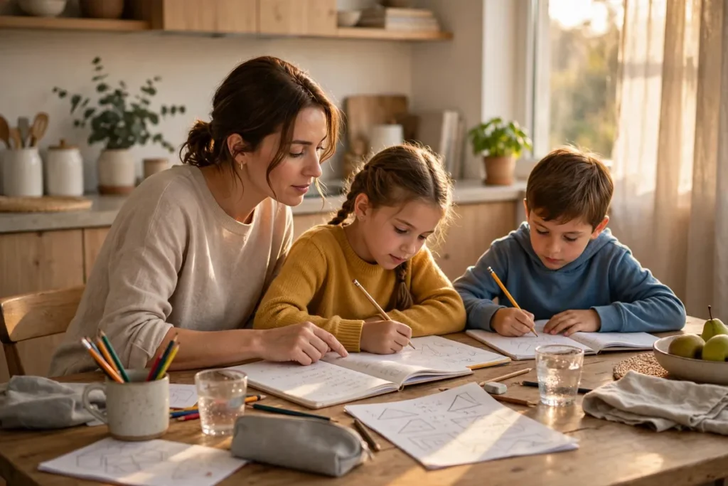 Mother helping two children with homework at a kitchen table in late afternoon