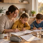 Mother helping two children with homework at a kitchen table in late afternoon