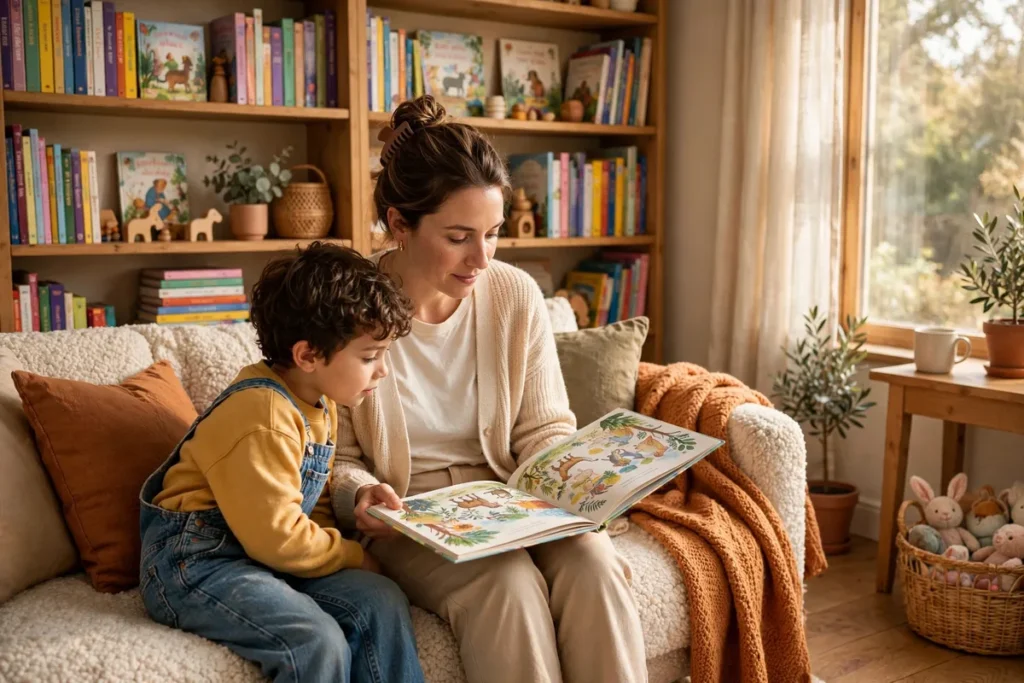 Parent reading a picture book aloud to a young child on a cozy living room couch