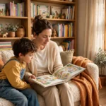 Parent reading a picture book aloud to a young child on a cozy living room couch