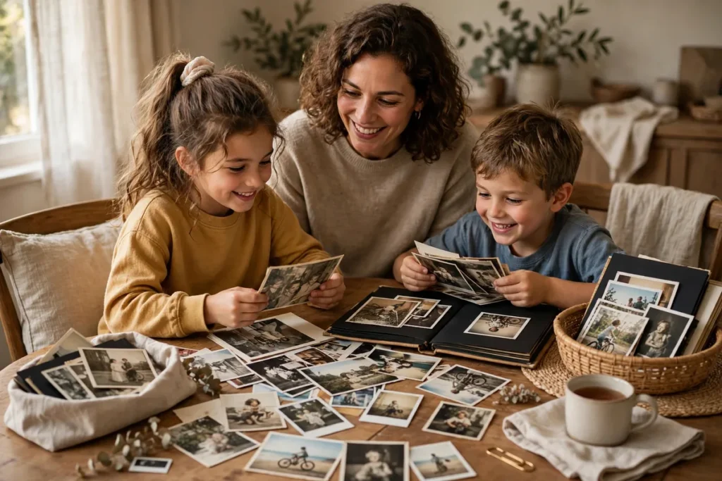 Family sorting through old printed photos and albums on a table
