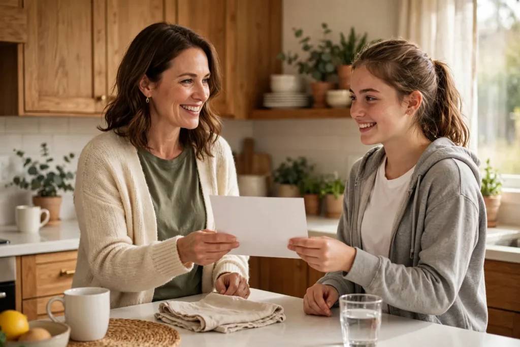 Parent handing a printed information sheet to a babysitter in a home kitchen