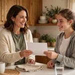 Parent handing a printed information sheet to a babysitter in a home kitchen