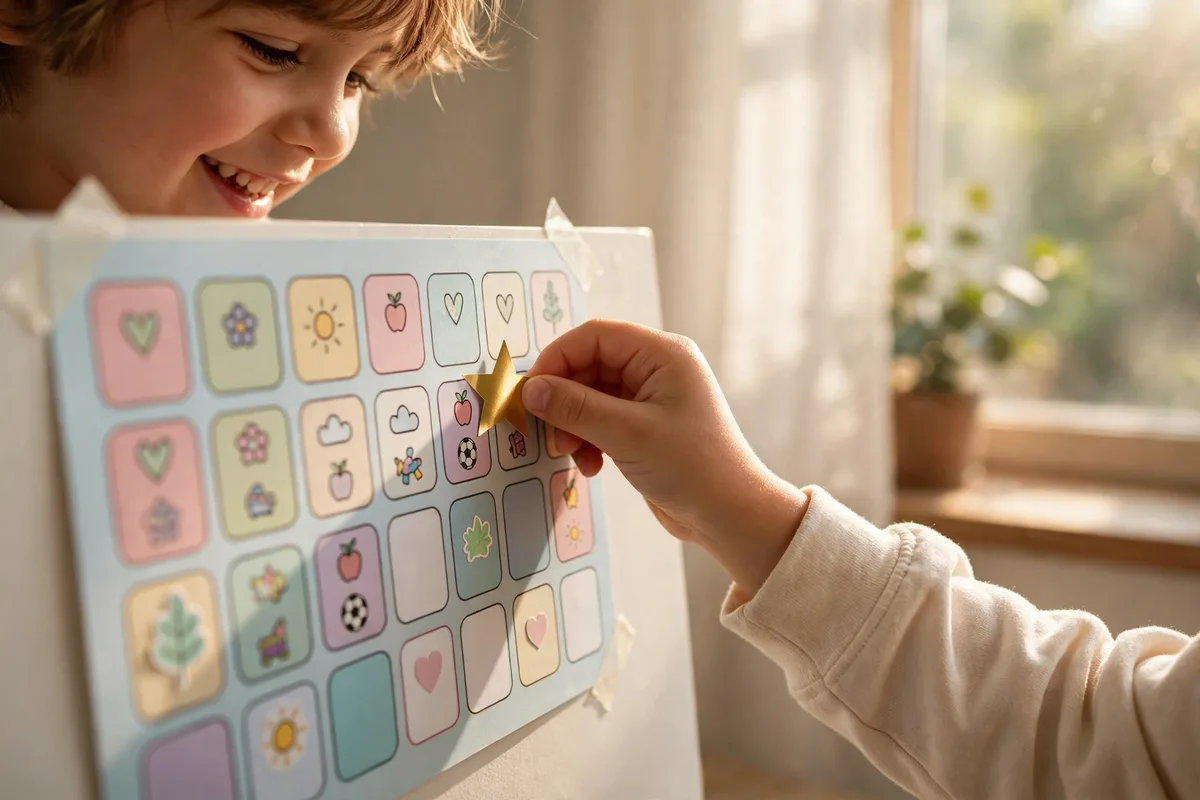 Young child happily placing a star sticker on a weekly chore chart
