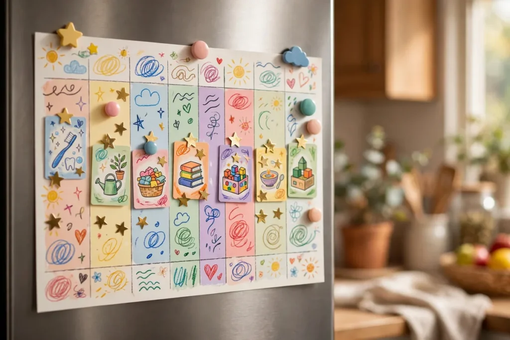 Colorful child-friendly chore chart with picture cards hanging on a family refrigerator
