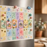 Colorful child-friendly chore chart with picture cards hanging on a family refrigerator
