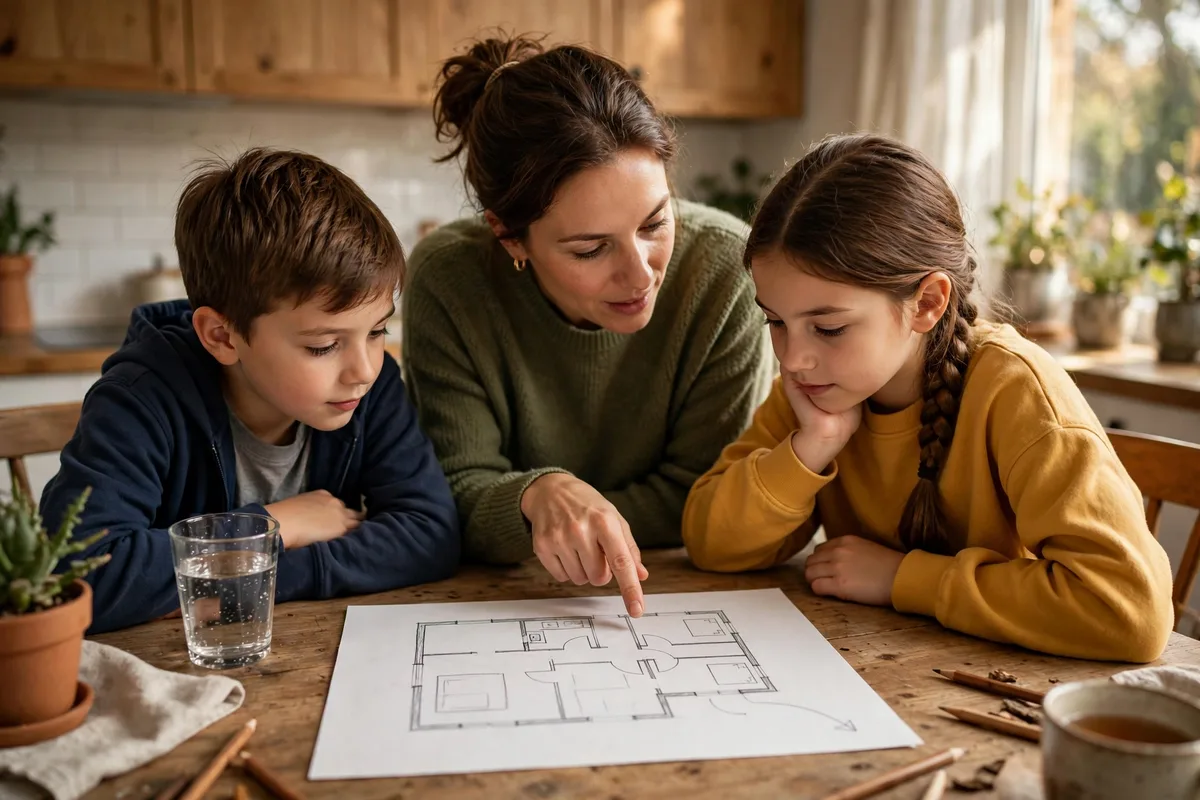 Parent showing children an escape route drawn on a simple home floor plan