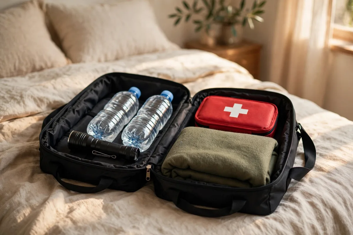Family emergency go-bag packed with water bottles, flashlight, and first aid kit