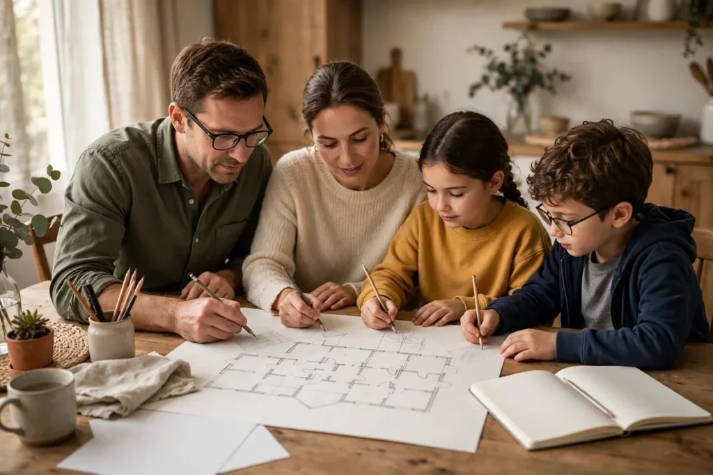 Family sitting together at a table writing an emergency plan and looking at a house map