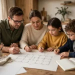 Family sitting together at a table writing an emergency plan and looking at a house map