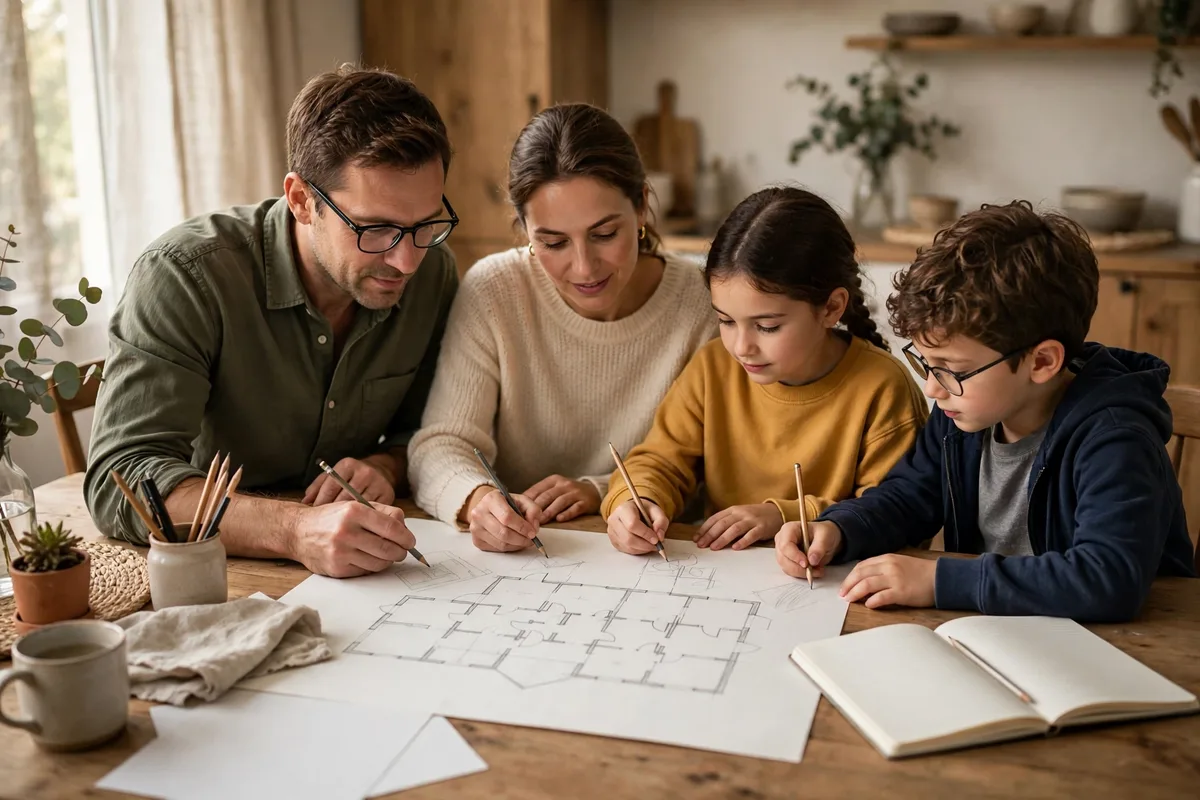 Family sitting together at a table writing an emergency plan and looking at a house map