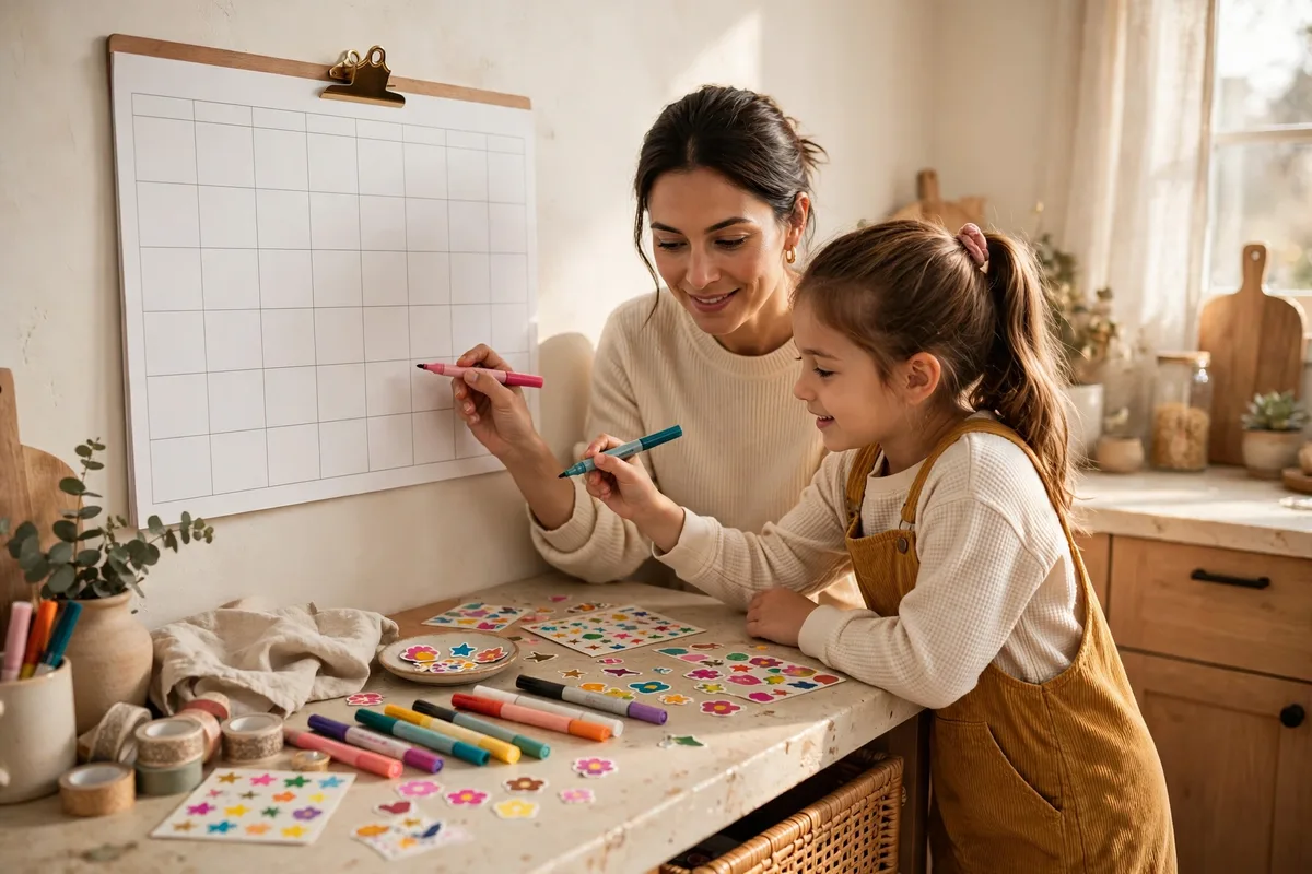 Mother and child adding events to a weekly wall calendar together